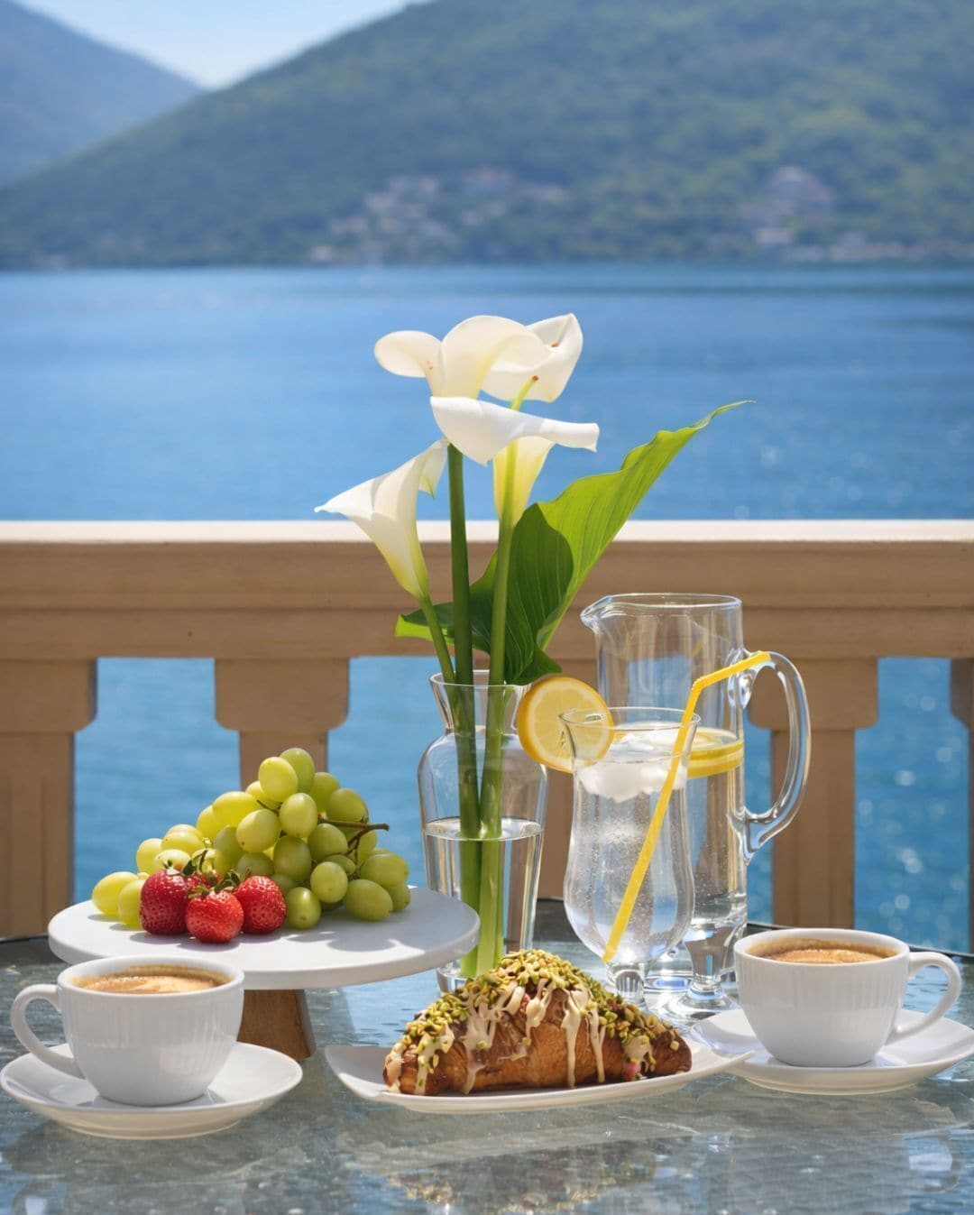 A table with food and drinks, a pitcher, and a vase with flowers, overlooking a body of water.