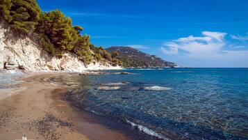 A beach with clear water, pebbles, and a rocky cliff with trees.
