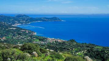 A coastal landscape with a view of a bay, a small town, and a hill with scattered buildings.