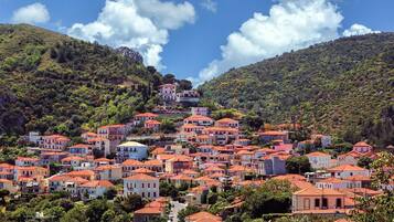 A hillside village with tightly packed buildings, red-tiled roofs, and lush greenery.
