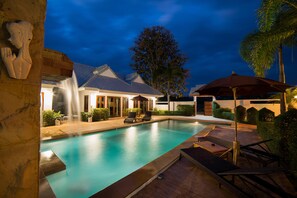 Outdoor pool, a waterfall pool, open 9:00 AM to 10:00 PM, pool umbrellas - RungNara Pool Villa (San Sai)
