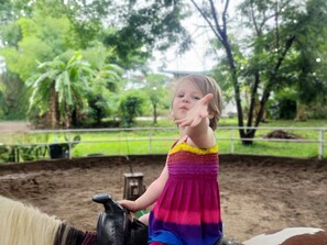 A child on a horse in an outdoor area with trees and a fence.
