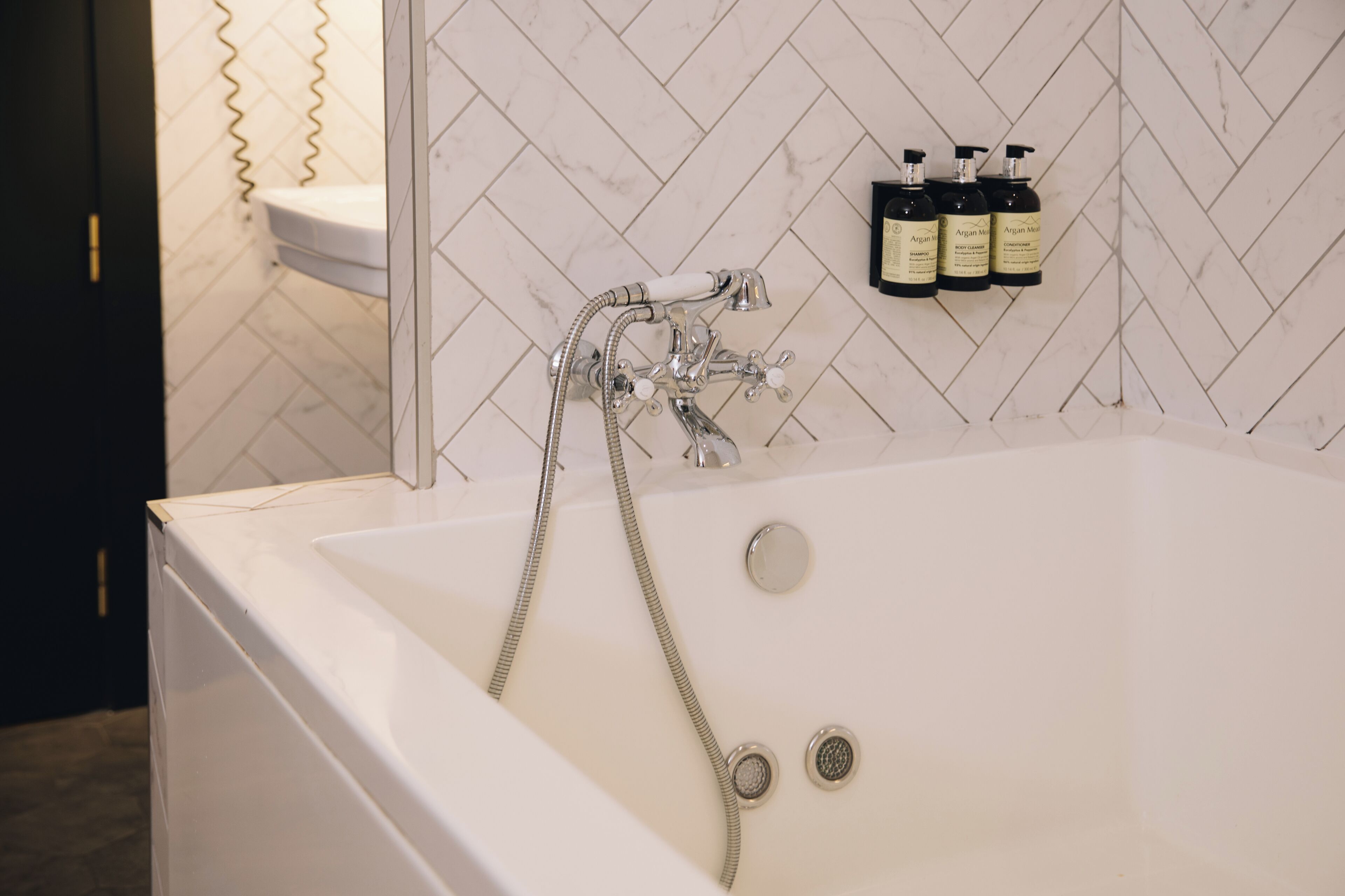 Eco-friendly toiletries, hair dryer, towels, soap