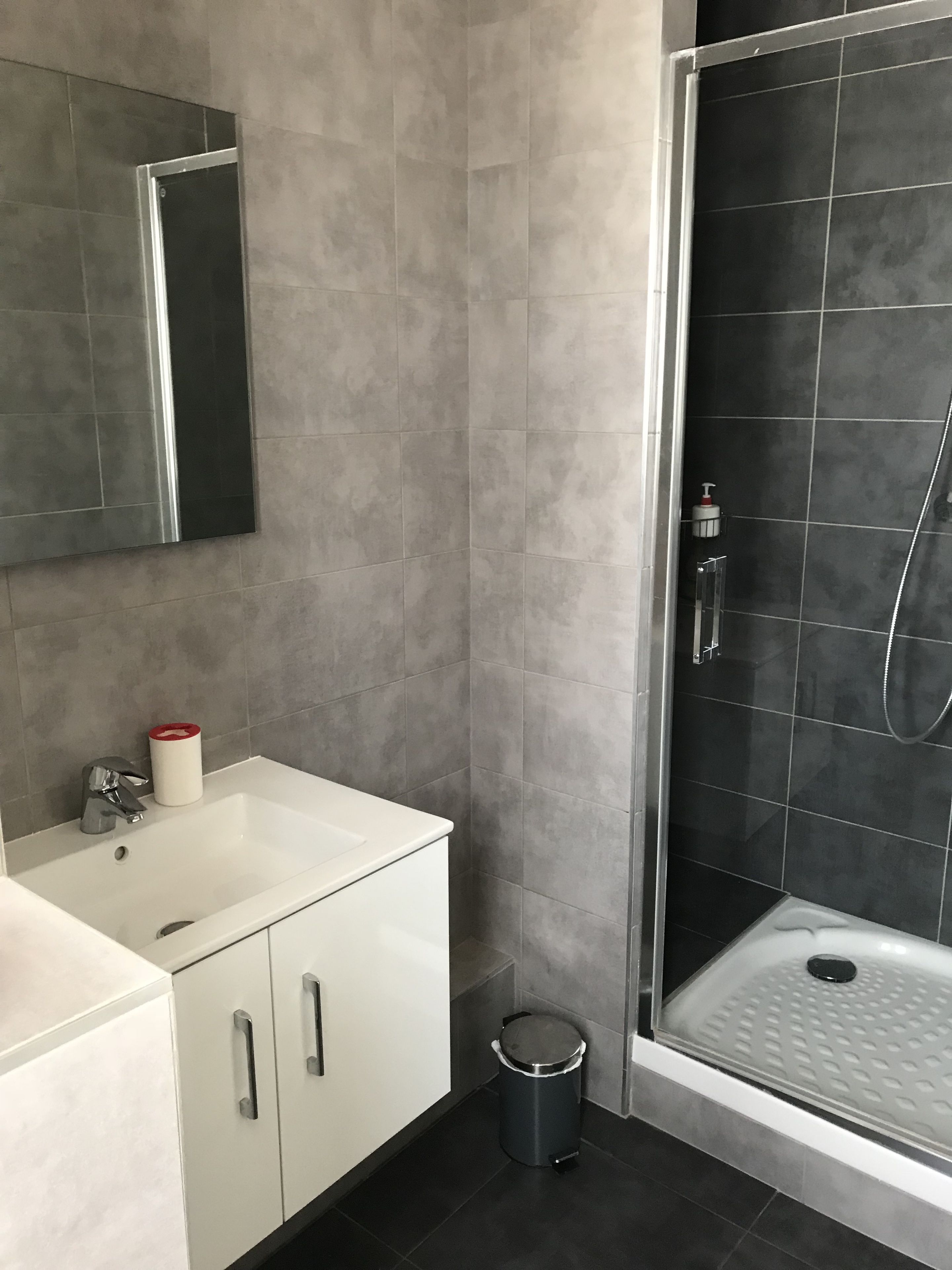 Un baño con lavamanos blanco, espejo y zona de ducha con azulejos oscuros.