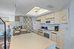 Fridge, microwave, dishwasher, coffee/tea maker