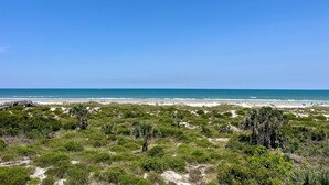 Una playa con un paseo marítimo de madera que llega al agua, rodeada de abundante vegetación verde.