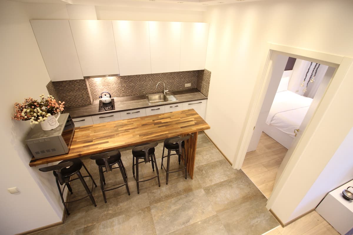 Full-sized fridge, microwave