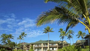 Un resort con varias construcciones, palmeras y un césped bien cuidado.