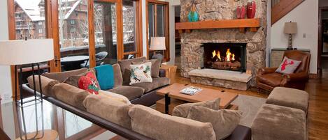 Télévision, cheminée, lecteur de DVD, chaîne hi-fi