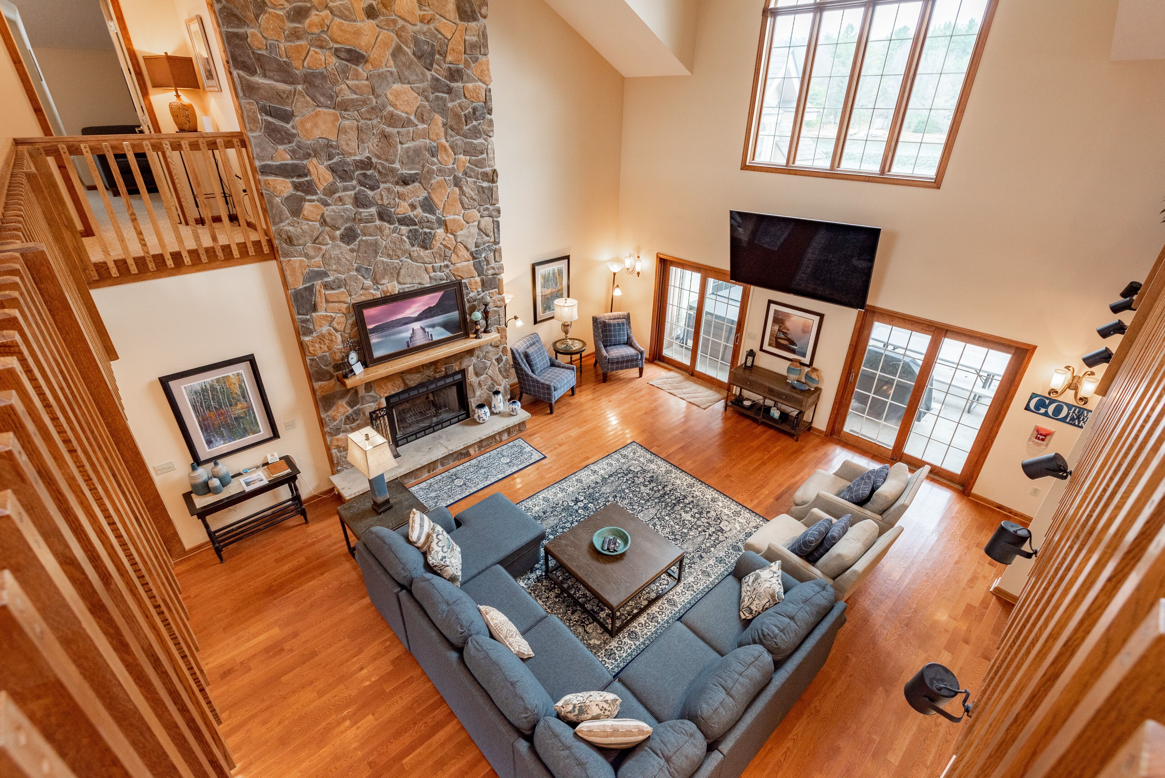 Smart TV, fireplace, DVD player, foosball