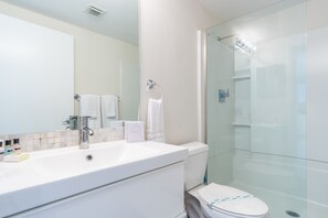 Combined shower/bathtub, hair dryer, bidet, towels