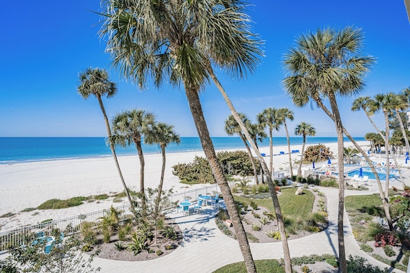 Un resort en la playa con palmeras, una zona de piscina y vistas al océano.
