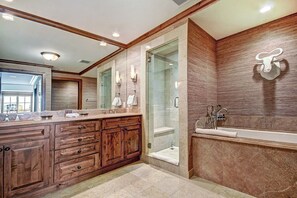 Shower, hair dryer, heated floors