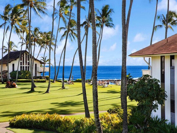 A resort with a well-maintained lawn, palm trees, and a view of the ocean. - Fit For Royalty! Beachfront w/Open Kitchen, Lanai, WiFi, TV, Ceiling Fans–Kiahuna 2004 (KOLOA)