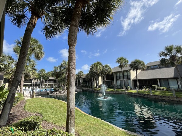 A pool area with palm trees, a fountain, and a building with multiple windows and balconies.