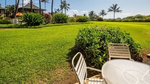 Une pelouse bien entretenue avec un espace repas comprenant des chaises et une table en métal, le tout entouré d’une végétation luxuriante et de palmiers.