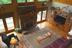 Smart TV, fireplace, foosball