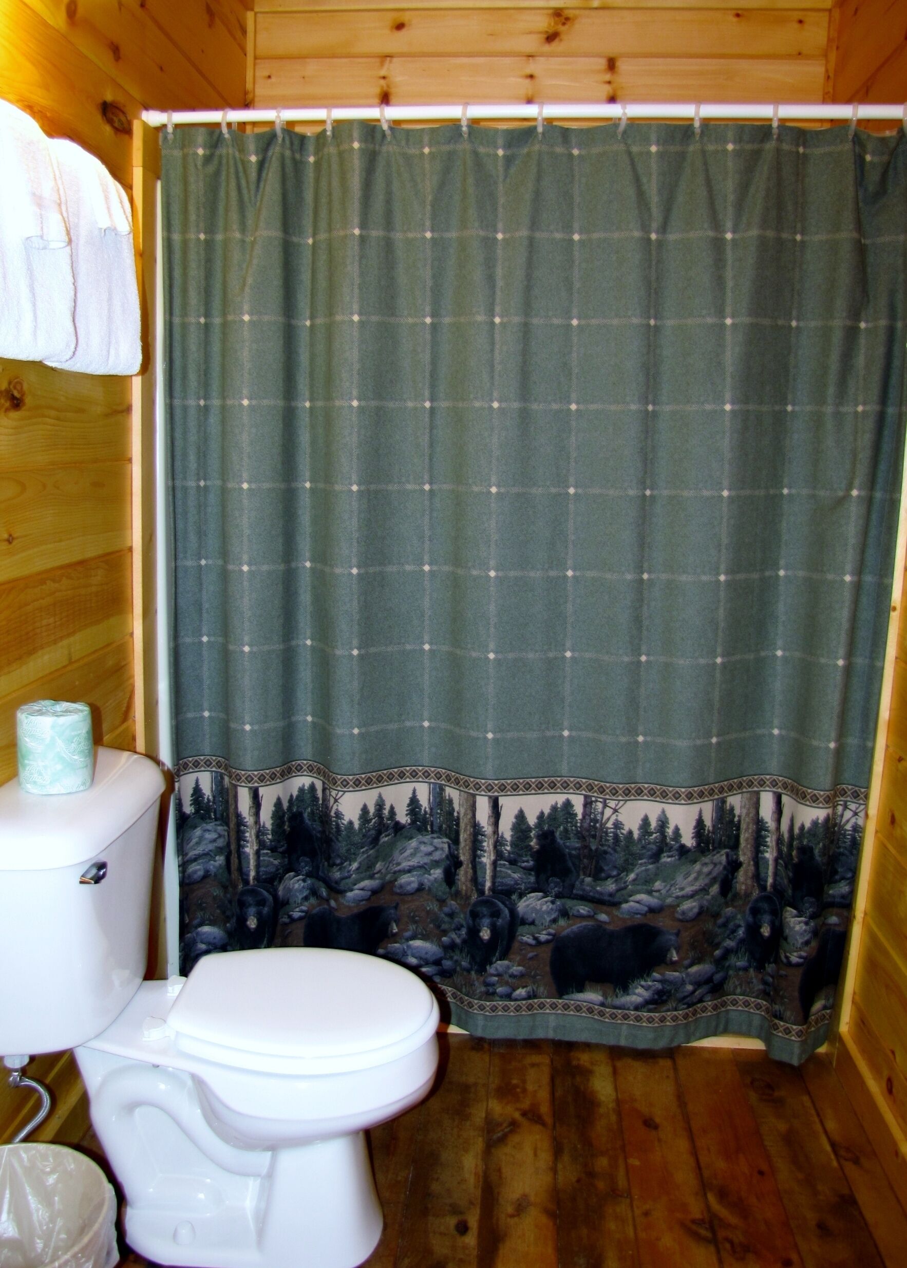 Ein Badezimmer mit einer weißen Toilette, einem türkisfarben karierten Duschvorhang und Holzboden.