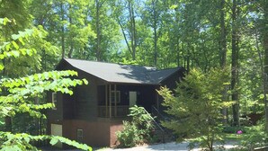 A cabin with a porch, surrounded by trees and a gravel driveway. - 3 bdrms, Bonfire Pit, Screened Porch, Mountain Shade (Townsend)