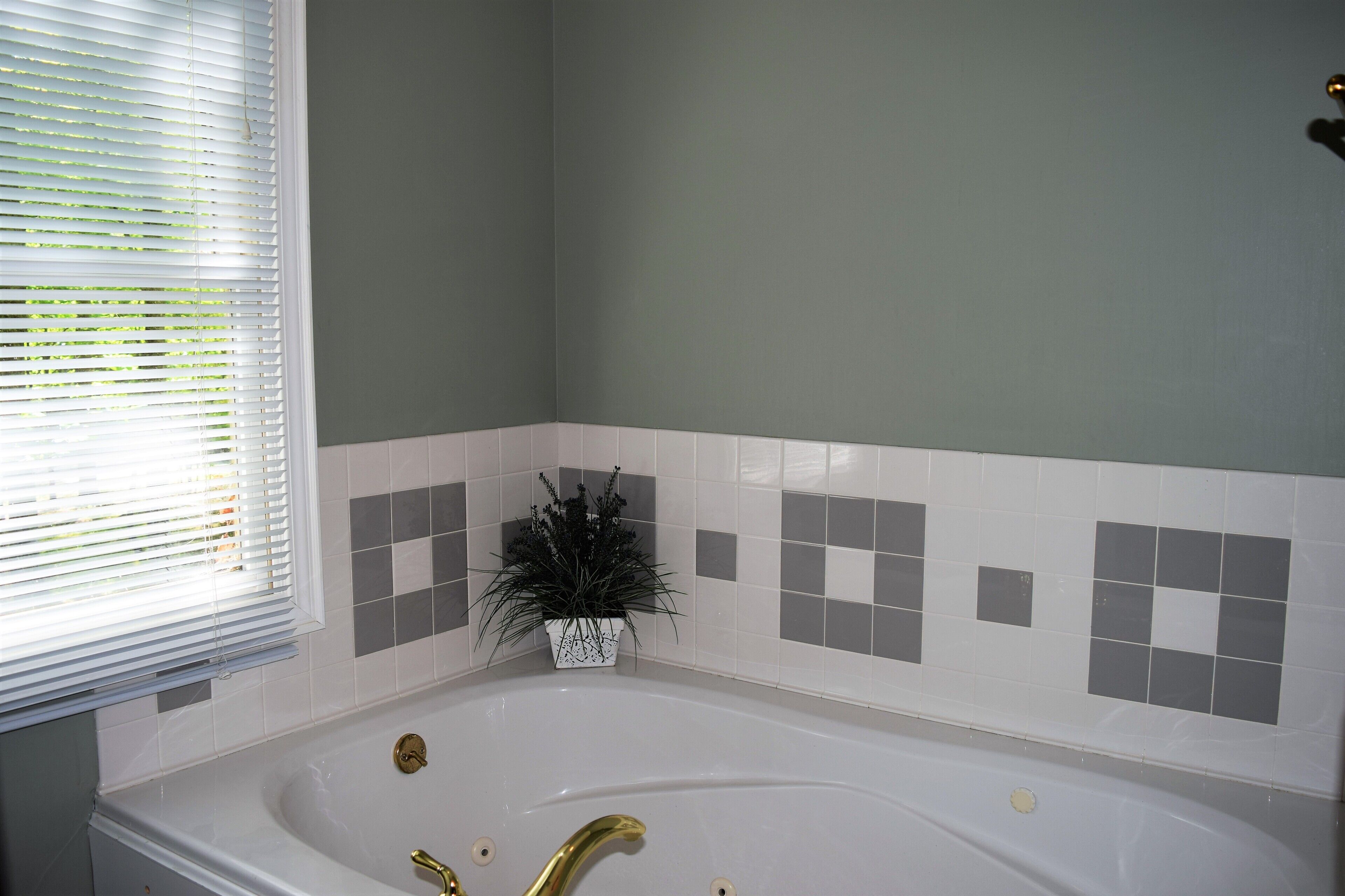 Ein Badezimmer mit Badewanne, einem Fenster mit Jalousien und einer Zimmerpflanze.