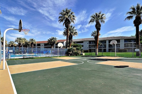 Een basketbalveld buiten met een blauwe hekken, palmbomen en een gebouw op de achtergrond.