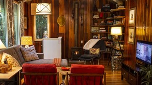 Una sala de estar acogedora con chimenea, asientos cómodos, un televisor y una estantería llena de libros y objetos decorativos.