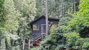 Una cabaña con una escalera que lleva a una terraza, rodeada de un bosque denso.