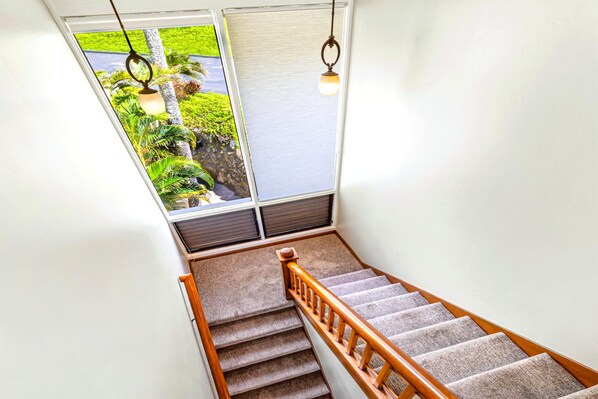 Una escalera con peldaños alfombrados y barandillas de madera, que conduce a una habitación con ventana con vista a un jardín.