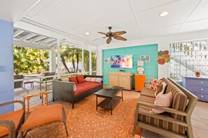 Televisio, DVD-soitin, kirjoja, musiikkikirjasto