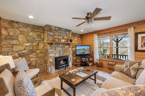 TV, fireplace, books, video library - Cliffside Romantic Mountain Getaway - Hot Tub, Fireplace, Pet Friendly, and View (Ferguson)