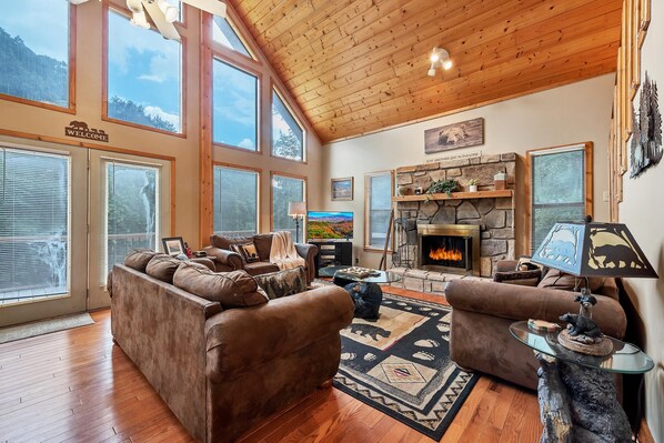 Een televisie, een open haard en een dvd-speler