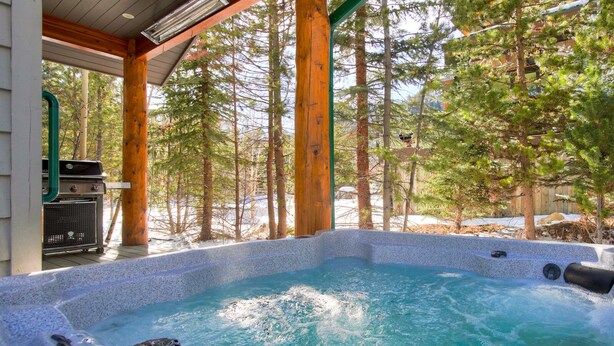 Un bain à remous installé dans un espace extérieur abrité, doté de poutres en bois et entouré de grands arbres.