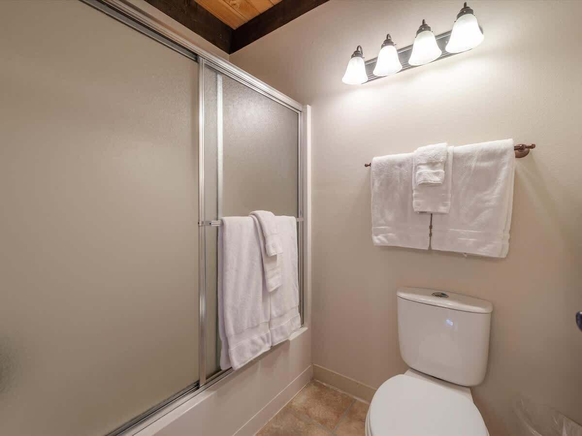 A bathroom with a glass shower enclosure, a toilet, and a towel rack with two towels.