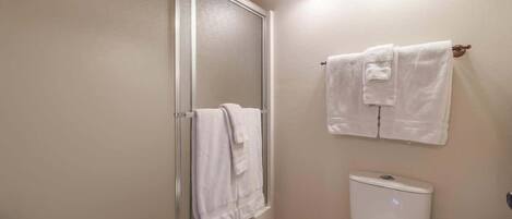 A bathroom with a glass shower enclosure, a toilet, and a towel rack with two towels.