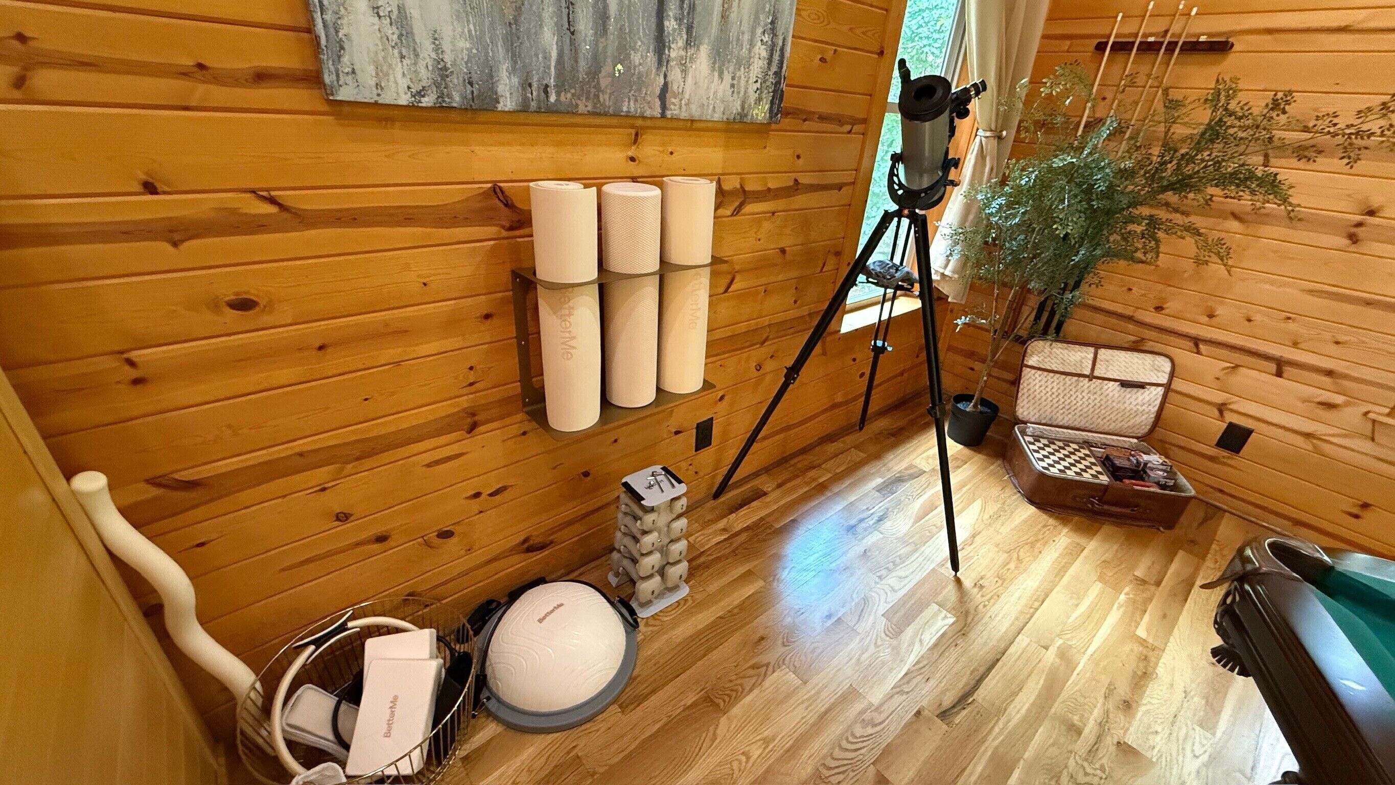 A wooden cabin interior with a telescope, a plant, and a checkered suitcase.