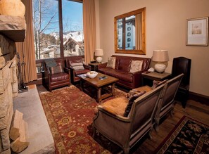 Televisión, chimenea, reproductor de DVD y estéreo 