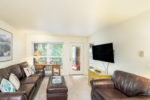 Flat-screen TV, DVD player, books, printers
