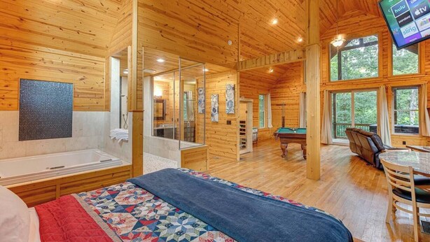 Een houten chalet van binnen, met een groot bed, een pooltafel, een biljarttafel en een aan de muur bevestigde televisie.