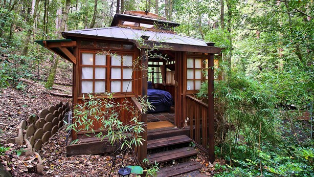 Une cabane en bois avec un petit porche et un lit à l’intérieur, entourée d’une forêt.