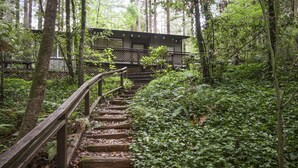 Un escalier en bois menant à un chalet situé dans une zone boisée.