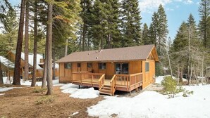 Une cabane en bois dotée d’un porche, entourée de grands arbres et de plaques de neige.