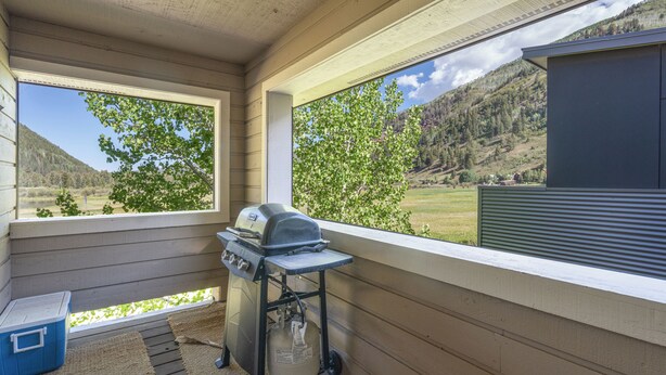 Eine überdachte Veranda mit Grill und Propangasflasche, mit Blick auf eine gebirgige Landschaft.