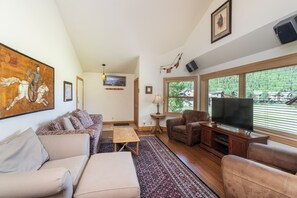 Smart TV, fireplace, DVD player, stereo