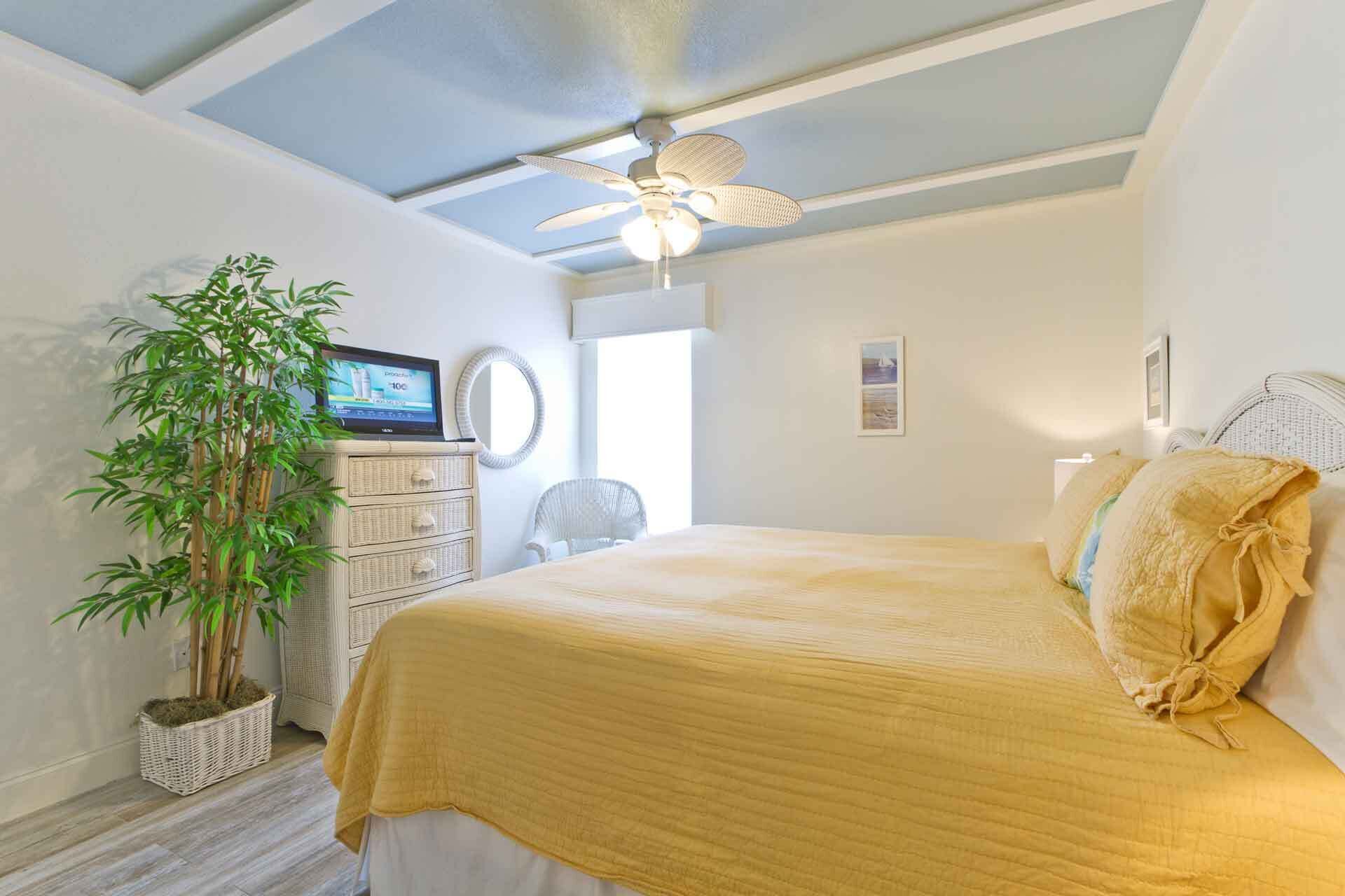 Quarto com cama, ventilador de teto, televisão sobre uma cômoda, planta em vaso e janela.