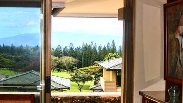 A view from a room with a large window overlooking a landscape with trees and a distant mountain.