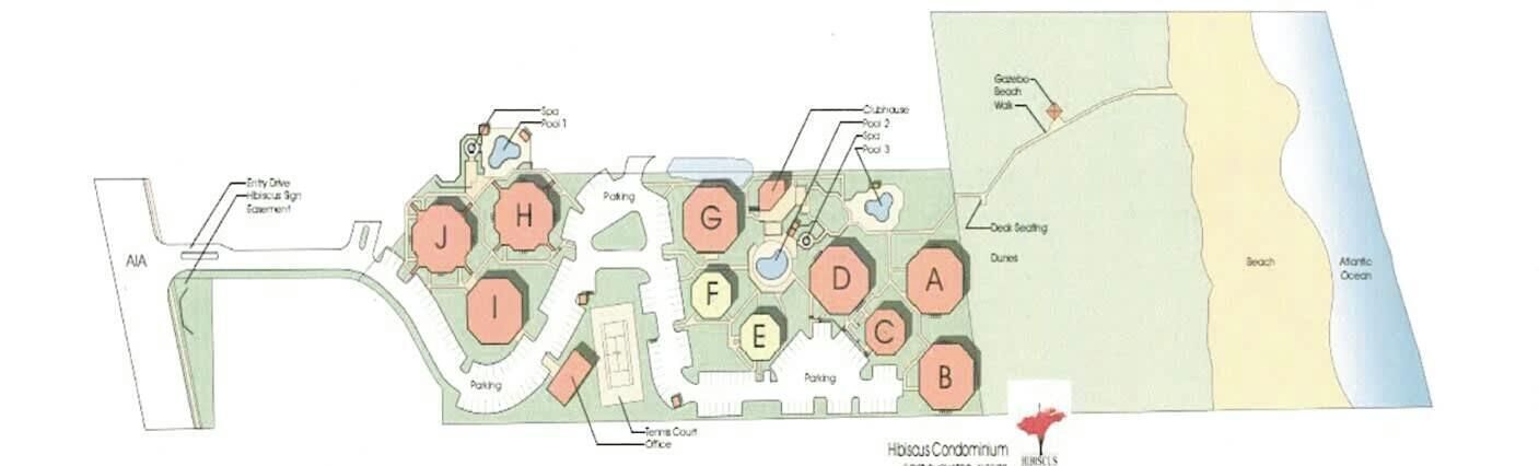 A resort layout with multiple pools, a tennis court, and a beach area.