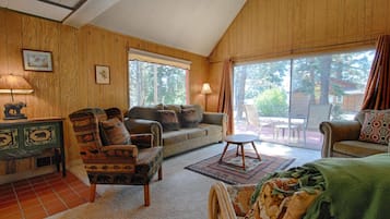 Smart TV, fireplace, DVD player, books