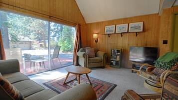 Smart TV, fireplace, DVD player, books