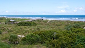 Un paysage côtier avec une promenade en bois menant à une plage, le tout entouré d’une végétation luxuriante.