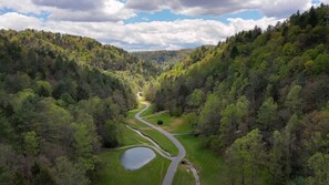 A winding road through a forested valley with a small lake and a building in the distance. - Mountain Cabin,Hot Tub,Pool/Ping Pong Table,Pet-Friendly (Ferguson)